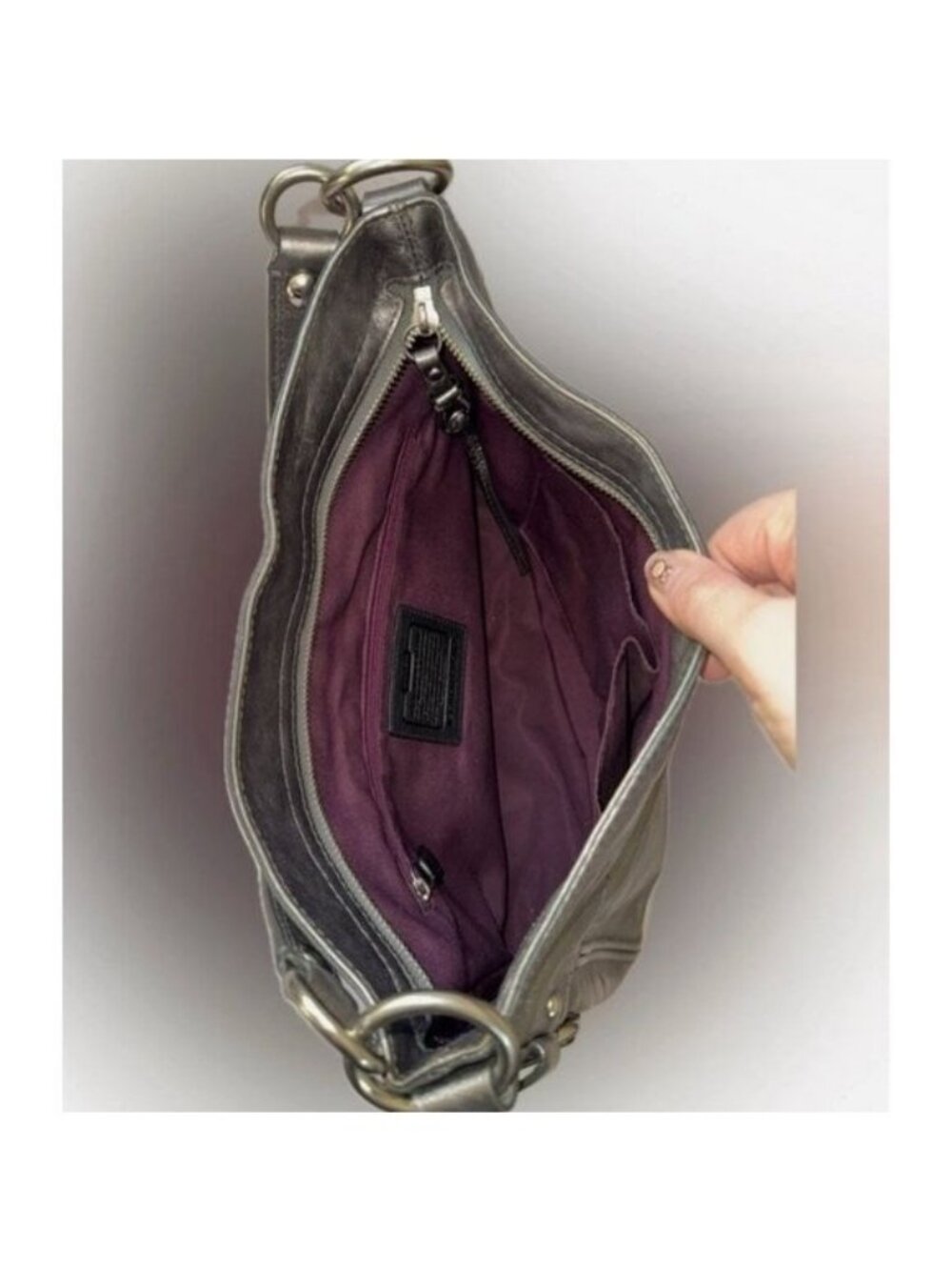 Coach Metallic Leather Shoulder Bag With Purple Lining & Zipper Closure